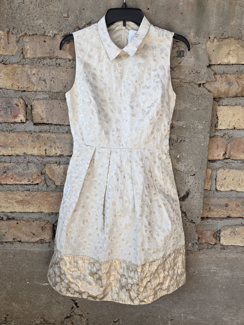 Erin Fetherston Metallic Jacquard Fit & Flare Dress Sz 4 Gold Ivory